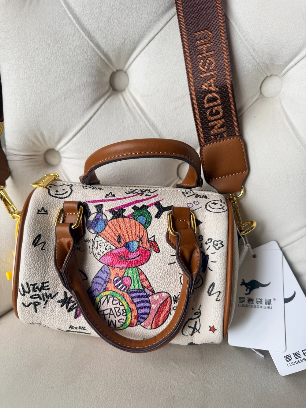 Cute Graffiti Teddy Bear Satchel Crossbody Bag Wide Strap Top Handle NWT